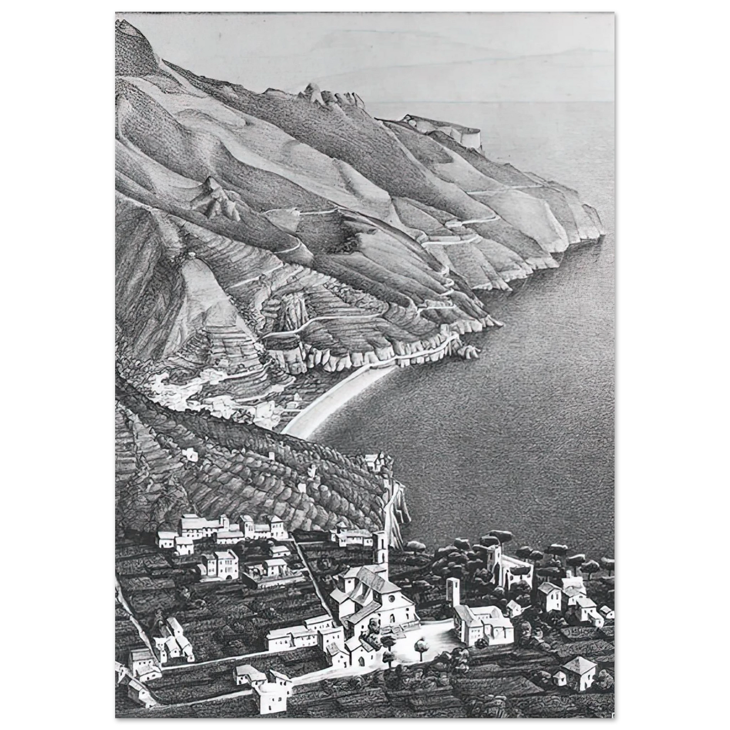 MC Escher - RAVELLO AND THE COAST OF AMALFI Wall Art - 21x29.7 cm / 8x12" - Premium Wooden Framed Poster With Fine Art Paper-canvas - White frame