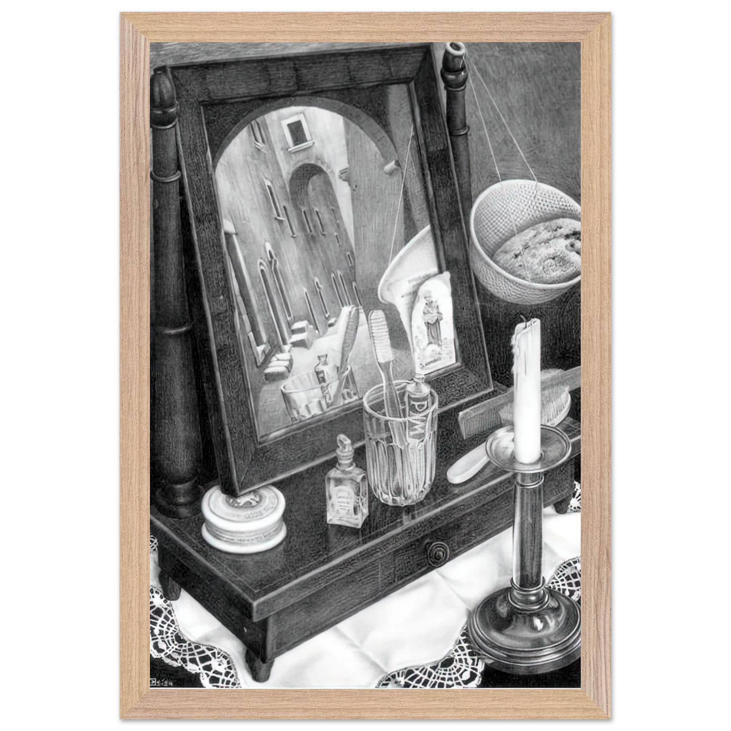 MC Escher - CANDLE MIRROR Wall Art - 21x29.7 cm / 8x12" - Premium Wooden Framed Poster With Fine Art Paper-canvas - White frame