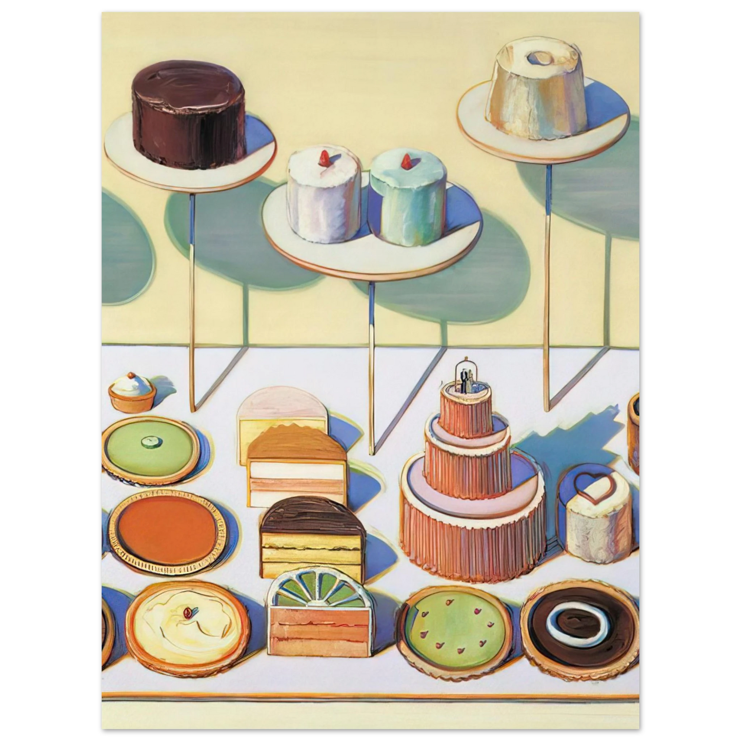Wayne Thiebaud - Cakes and Pies - 1995 Wall Art - 30x40 cm / 12x16 inches - Premium Wooden Framed Poster With Fine Art Paper-canvas - Wood frame