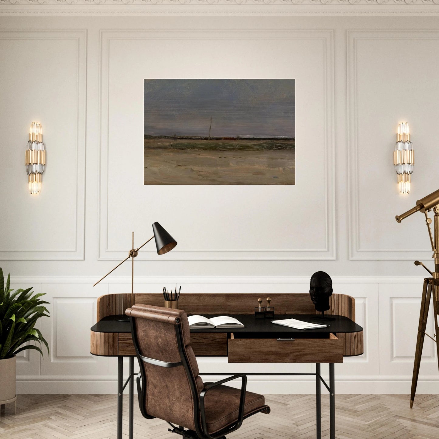 Polder Landscape with a Train and a Small Windmill on the Horizon - Piet Mondrian Brushed Aluminum Print - 70x100 cm / 28x40 inches | Piet Mondrian Aluminum Print | Piet Mondrian Prints