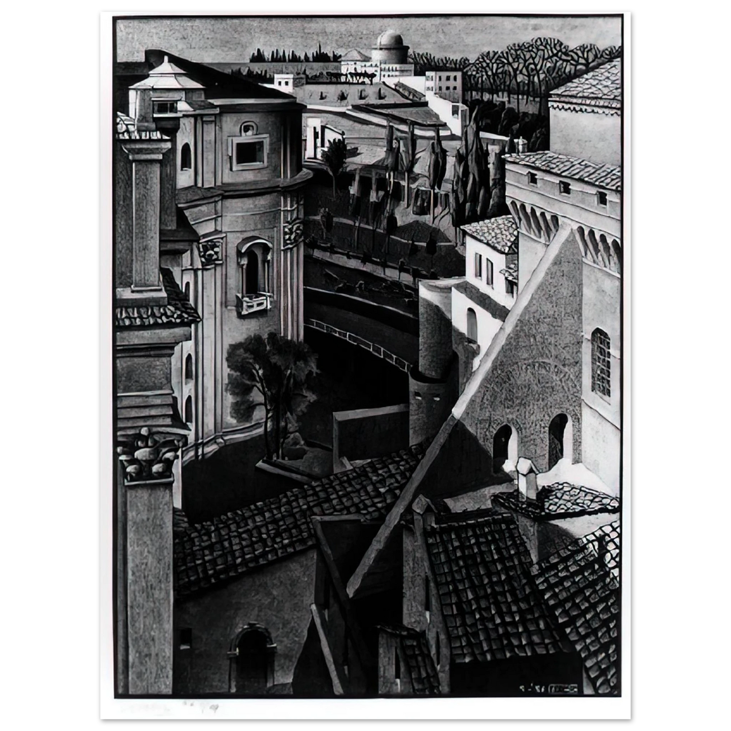 MC Escher - BERWEEN ST PETER AND SISTINE CHAPEL MARCH 1936 1936 Wall Art - 21x29.7 cm / 8x12" - Premium Wooden Framed Poster With Fine Art Paper-canvas - White frame
