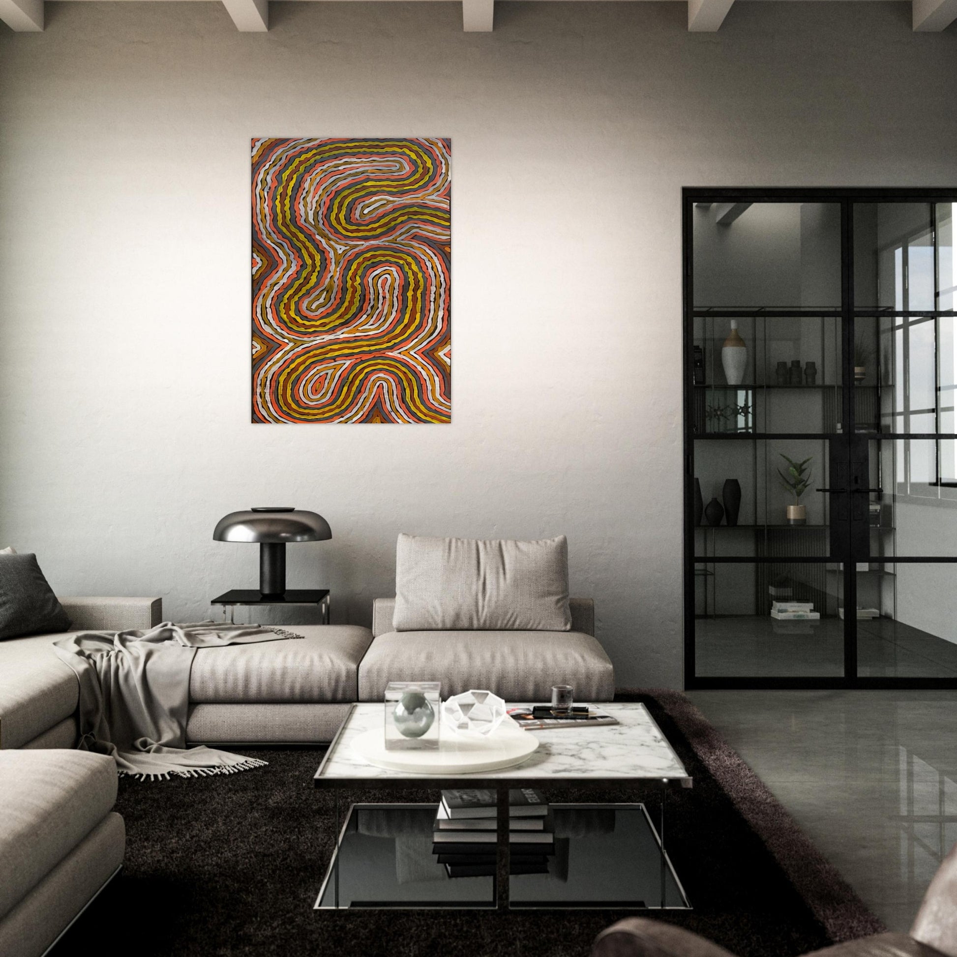 Worm Dreaming Napperby - 1996 - Clifford Possum Tjapaltjarri Brushed Aluminum Print - 70x100 cm / 28x40 inches | Clifford Possum Tjapaltjarri Aluminum Print | Clifford Possum Tjapaltjarri Prints