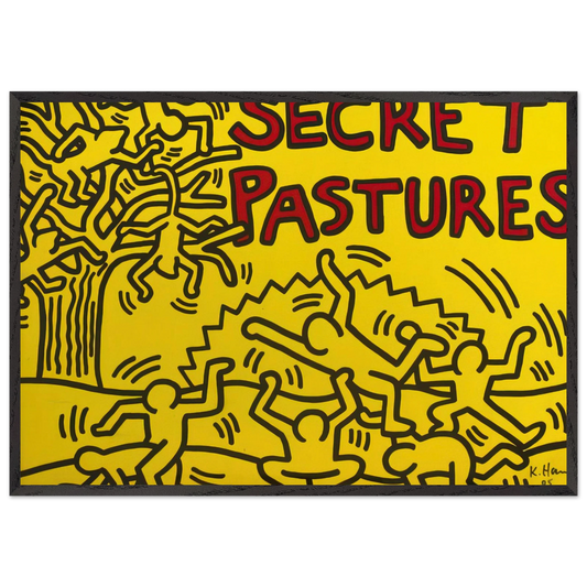 A POSTER FOR THE BILL T JONES AND ARNIE ZANE PERFORMANCE PIECE SECRET PASTURES 1984 N1 - Keith Haring 70x100 cm / 28x40 inches Framed Art Print – Black Wooden Frame | Keith Haring Art For Sale