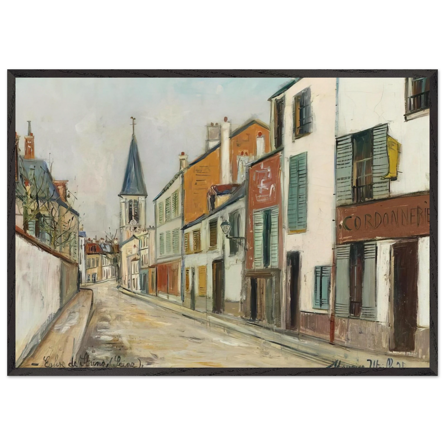 RUE JEAN DURAND ET LEGLISE STAINS SEINE SAINT DENIS 1940 - Maurice Utrillo 70x100 cm / 28x40 inches Framed Art Print – Black Wooden Frame