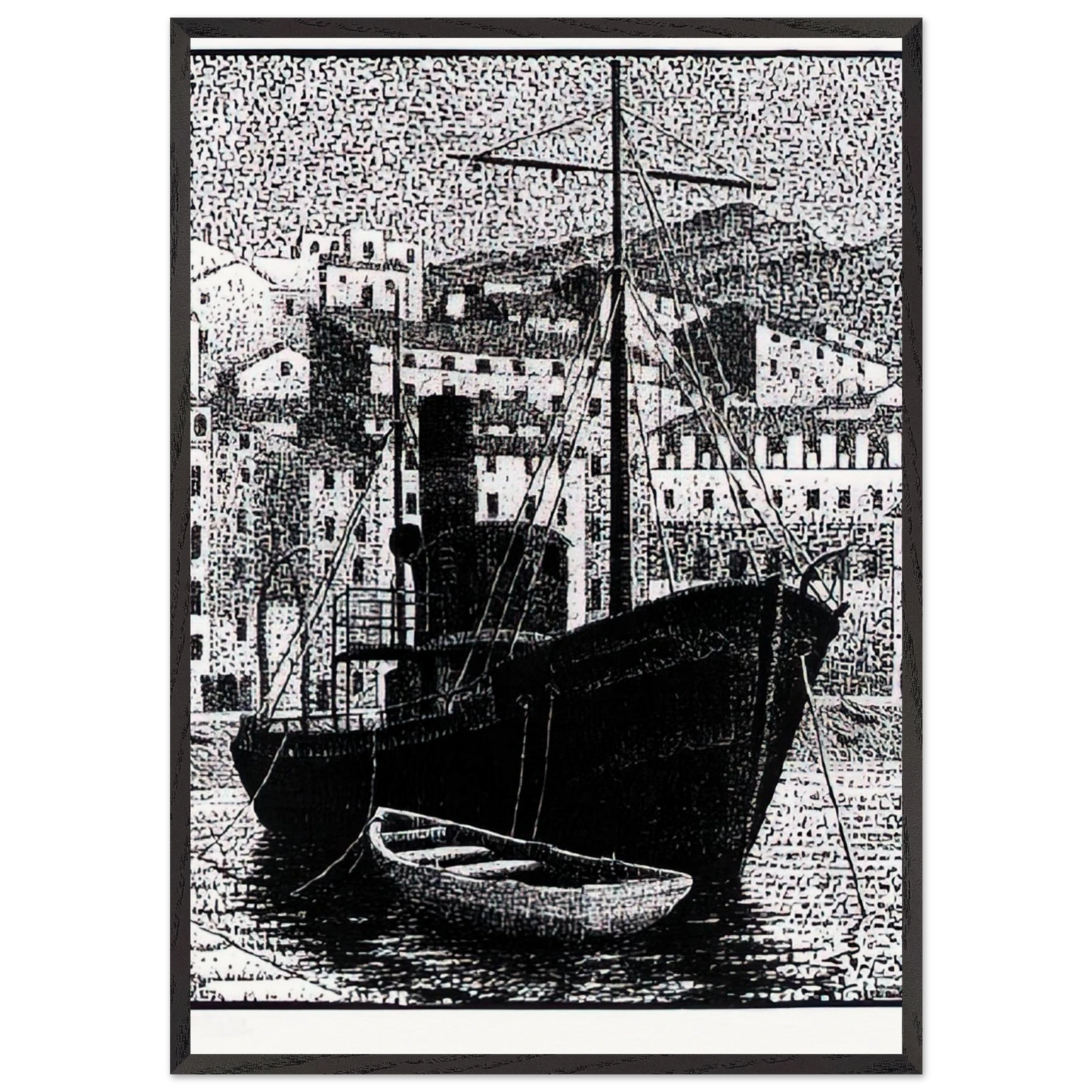 TUGBOAT OLD HARBOR OF BASTIA JANUARY 1934 1934 - MC Escher 70x100 cm / 28x40 inches Framed Art Print – Black Wooden Frame | Maurits Cornelis Escher Prints