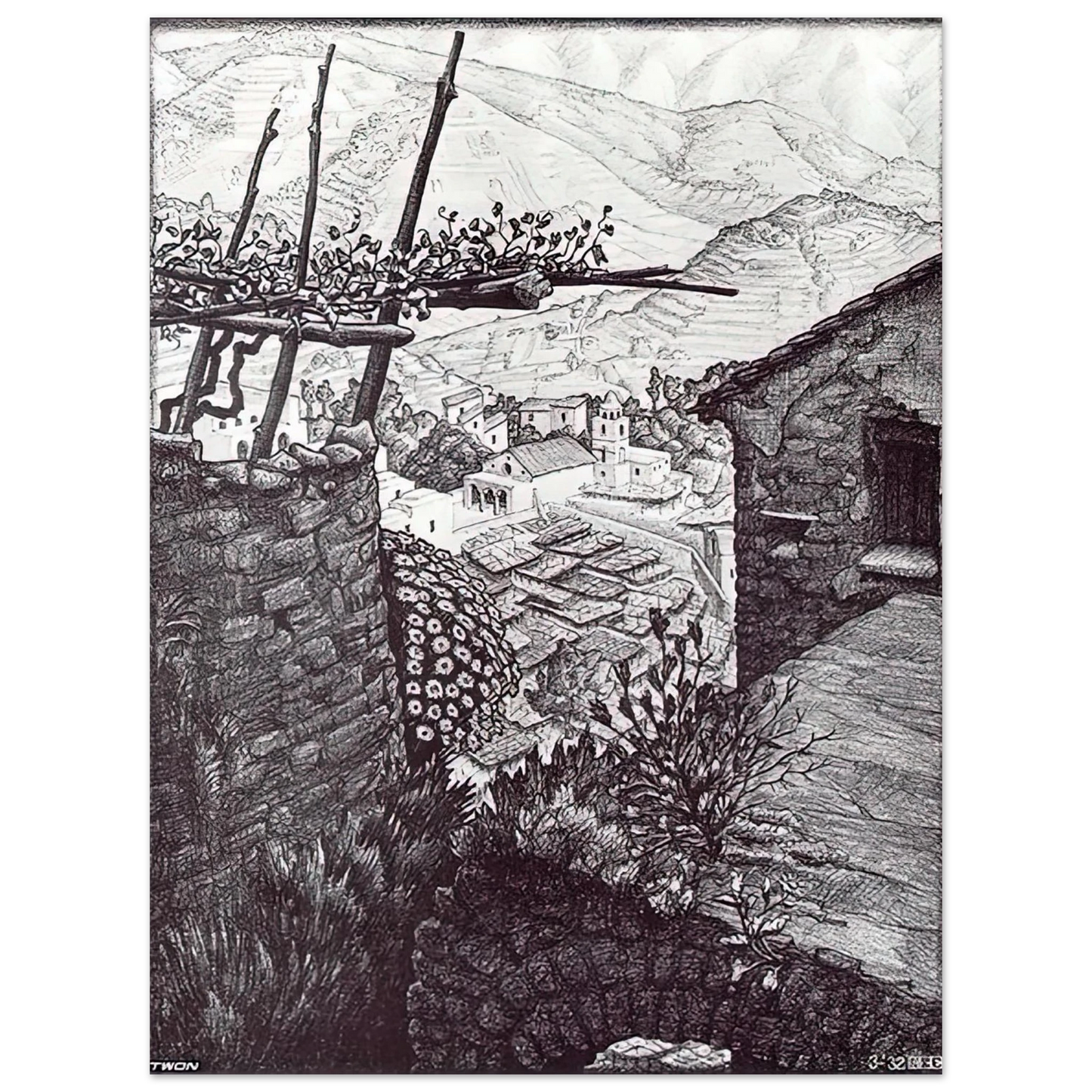 MC Escher - THE HAMLET OF TURELLO SOUTHERN ITALY Wall Art - 60x80 cm / 24x32 inches - Premium Wooden Framed Poster With Fine Art Paper-canvas - Black frame