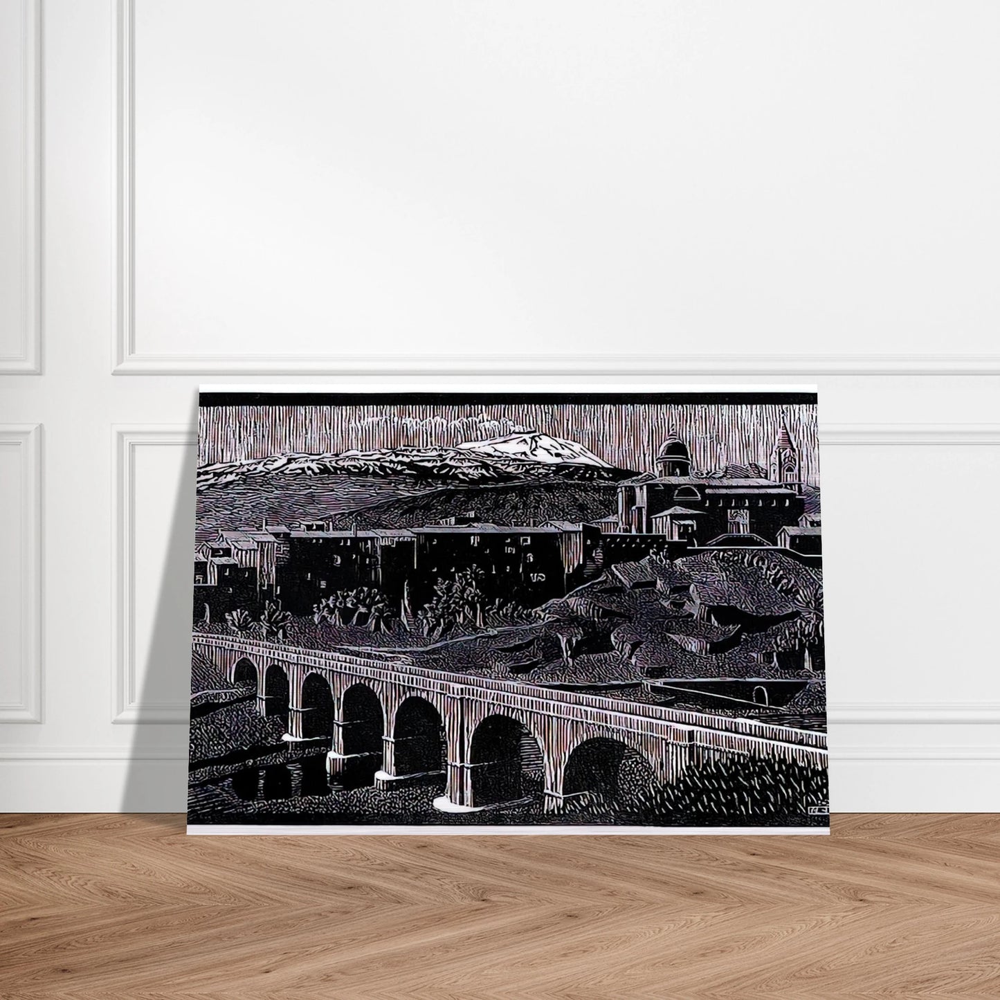RANDAZZO AND MOUNT ETNA SICILY JANUARY 1933 1933 - MC Escher Brushed Aluminum Print - 70x100 cm / 28x40 inches | MC Escher Aluminum Print | MC Escher Prints | Maurits Cornelis Escher Prints