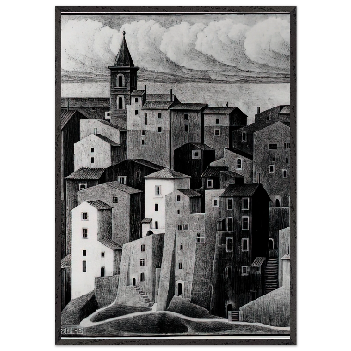 GENAZZANO ABRUZZI NOVEMBER 1929 1929 - MC Escher 70x100 cm / 28x40 inches Framed Art Print – Black Wooden Frame | Maurits Cornelis Escher Prints