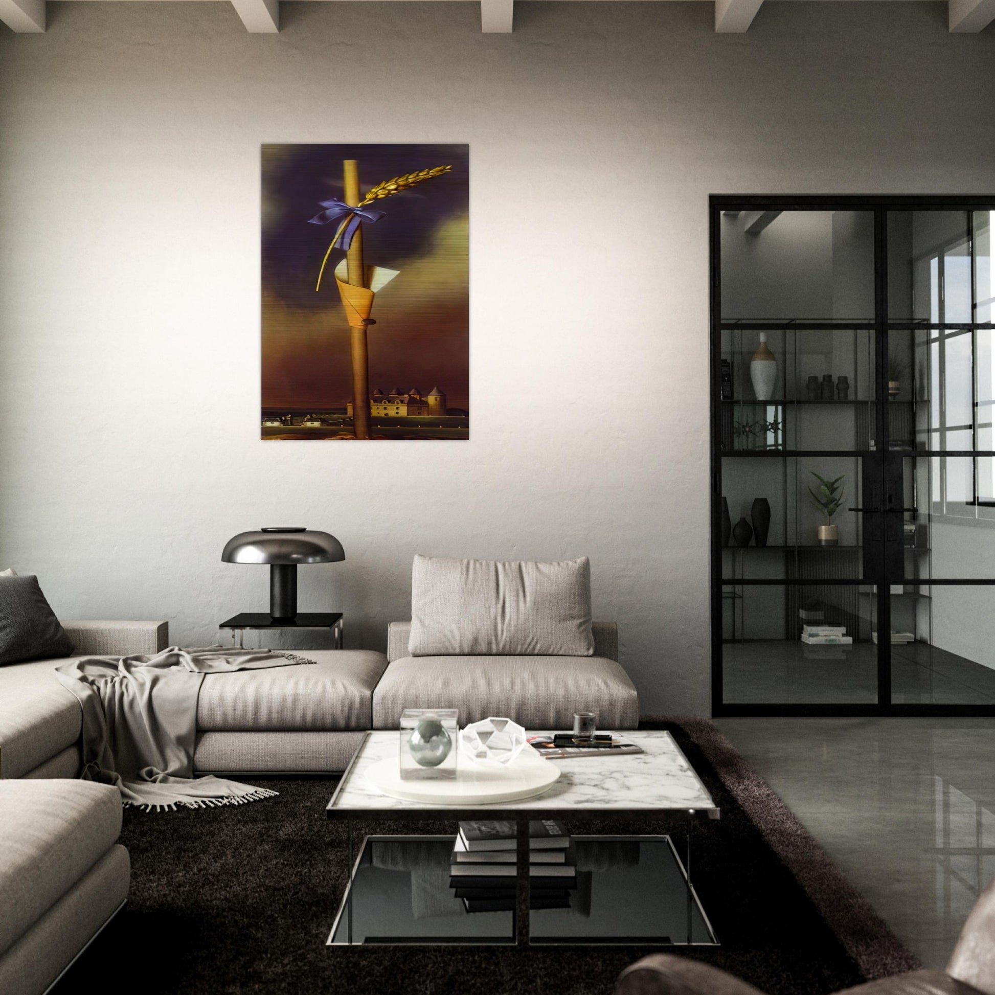 BLUE KNOT AND EAR OF WHEAT NEXT TO THE CASTLE - Salvador Dali Brushed Aluminum Print - 70x100 cm / 28x40 inches | Salvador Dali Aluminum Print | Salvador Dali Prints