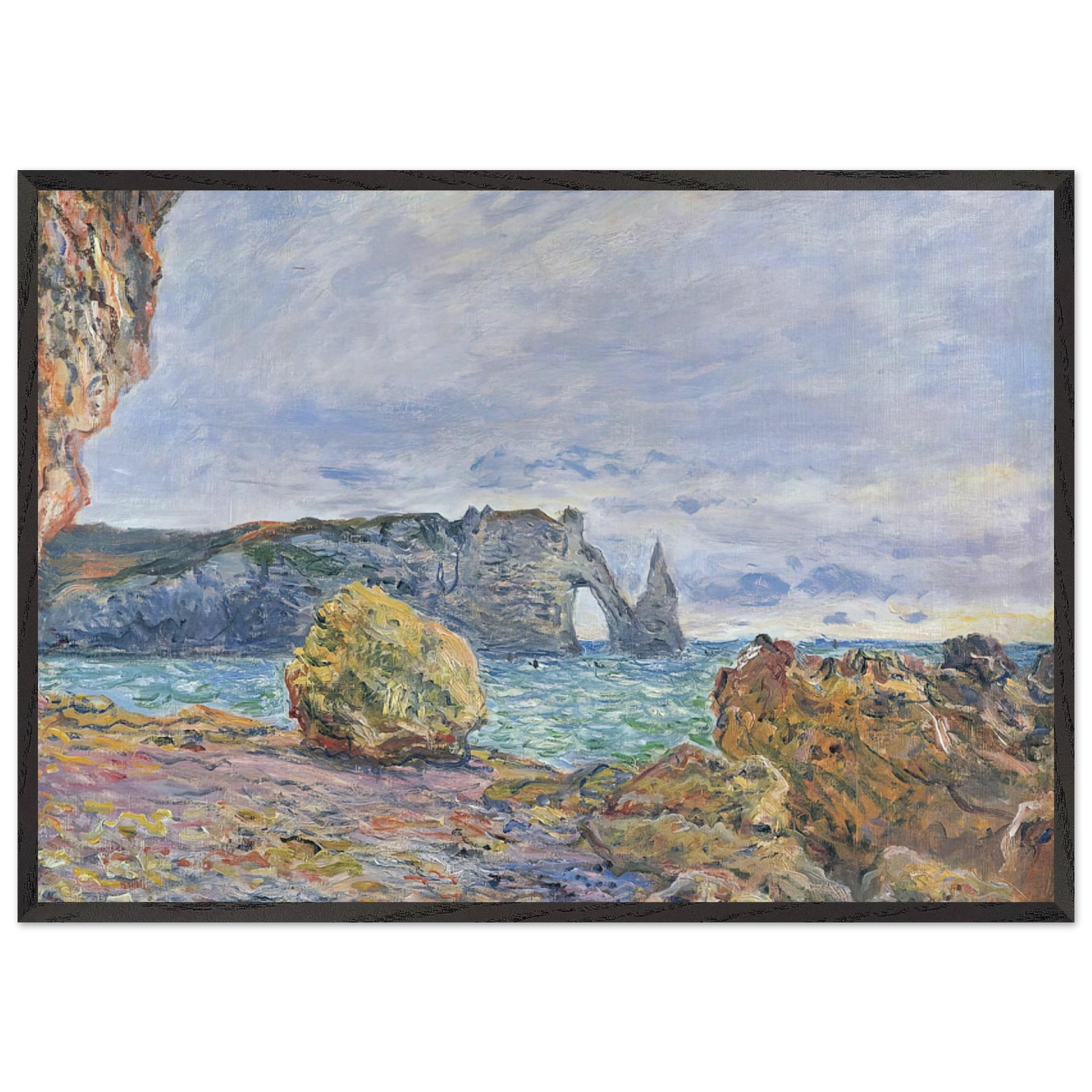 Etretat the Beach and the Porte dAval - claude monet 70x100 cm / 28x40 inches Framed Art Print – Black Wooden Frame