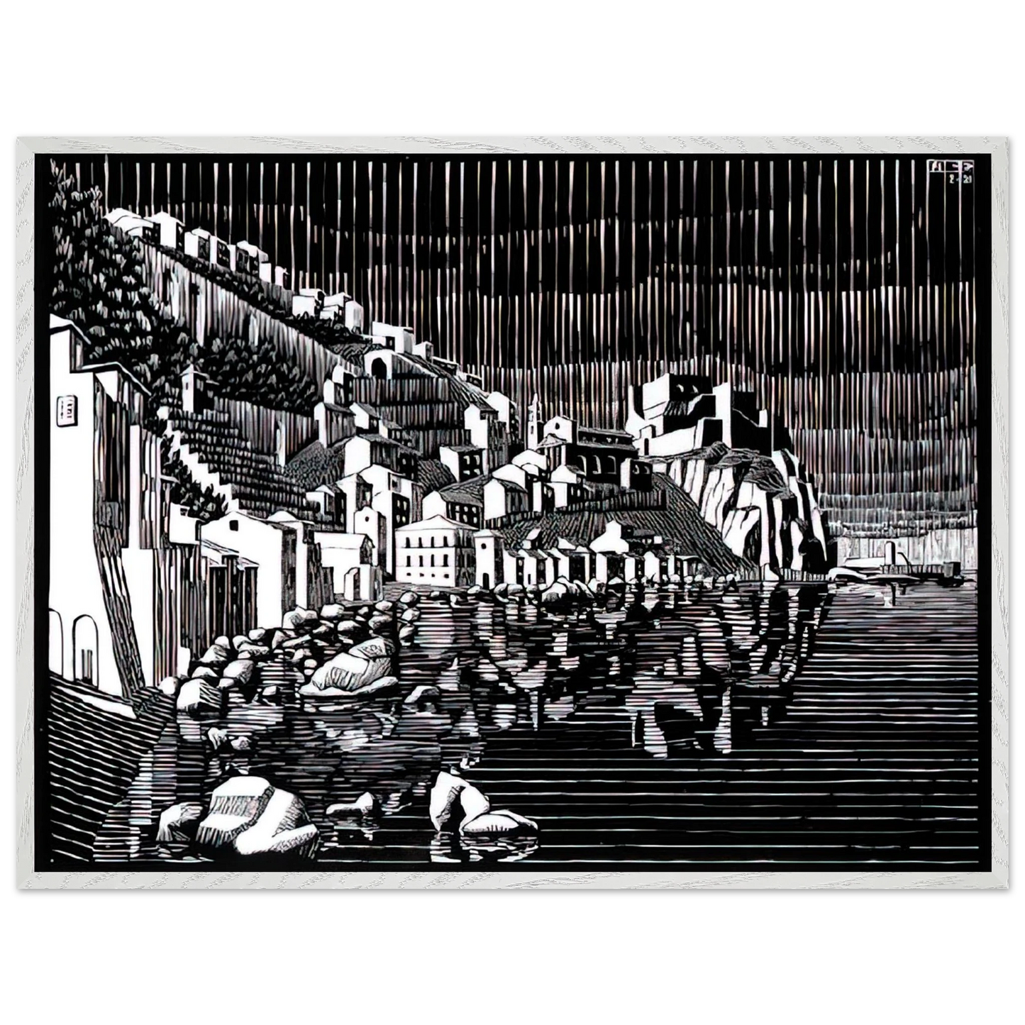 MC Escher - SCILLA CALABRIA FEBRUARY 1931 1931 Wall Art - 21x29.7 cm / 8x12" - Premium Wooden Framed Poster With Fine Art Paper - White frame