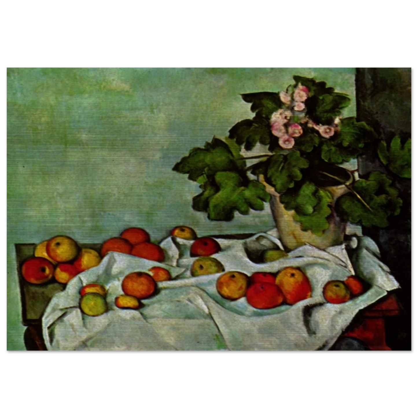 Still Life with Apples and a Pot of Primroses - Paul Cézanne Brushed Aluminum Print - 70x100 cm / 28x40 inches | Paul Cézanne Aluminum Print | Paul Cézanne Prints