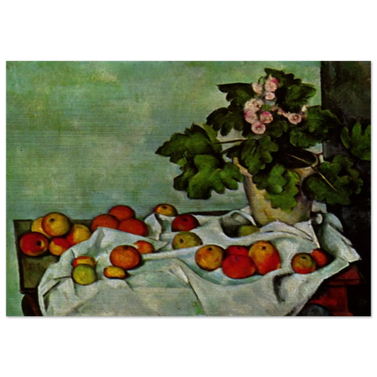 Still Life with Apples and a Pot of Primroses - Paul Cézanne Brushed Aluminum Print - 70x100 cm / 28x40 inches | Paul Cézanne Aluminum Print | Paul Cézanne Prints