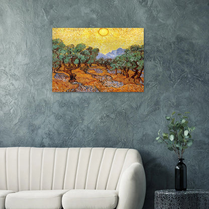 Olive Trees with Yellow Sky and Sun - Vincent van Gogh Brushed Aluminum Print - 70x100 cm / 28x40 inches | Vincent van Gogh Aluminum Print | Vincent van Gogh Prints