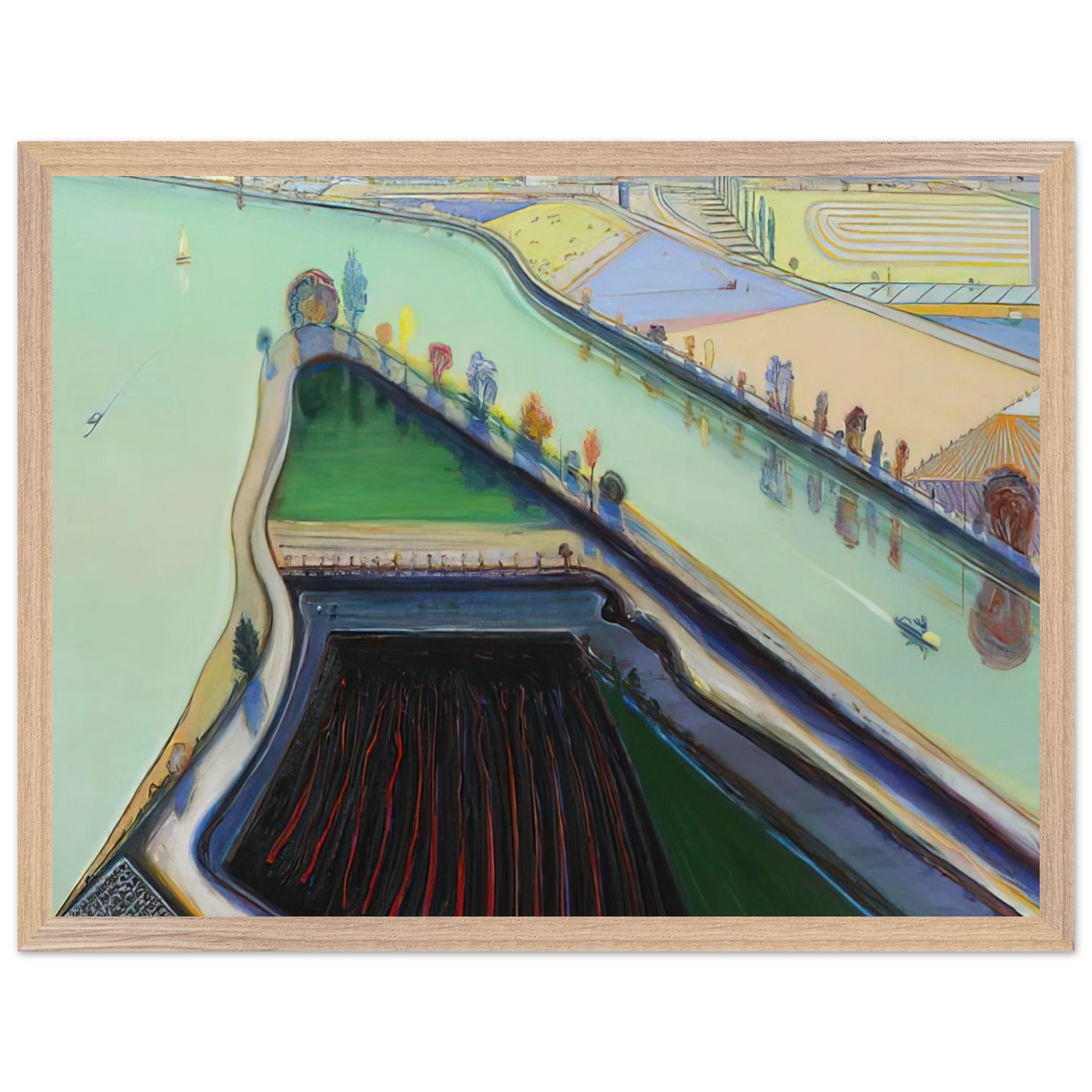 Wayne Thiebaud - River Boats - 2001 Wall Art - 60x80 cm / 24x32 inches - Premium Wooden Framed Poster With Fine Art Paper-canvas - Black frame