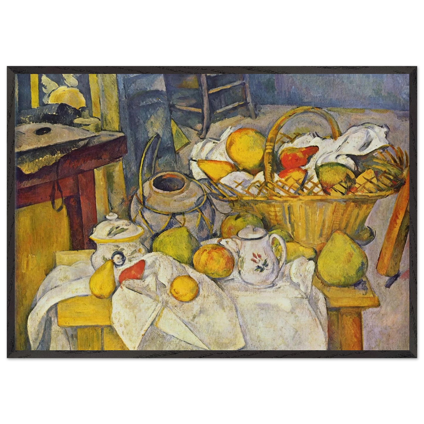 Still life with basket Kitchen table - Paul Cezanne 70x100 cm / 28x40 inches Framed Art Print – Black Wooden Frame