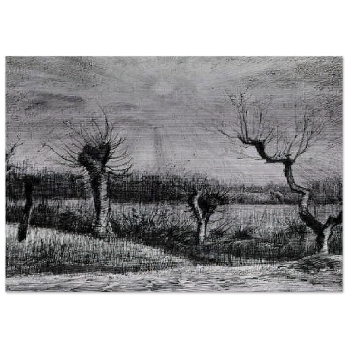 Landscape with Willows and Sun Shining Through the Clouds - Vincent van Gogh Brushed Aluminum Print - 70x100 cm / 28x40 inches | Vincent van Gogh Aluminum Print | Vincent van Gogh Prints
