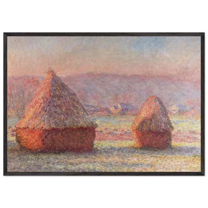 Grainstacks White Frost Effect - claude monet 70x100 cm / 28x40 inches Framed Art Print – Black Wooden Frame