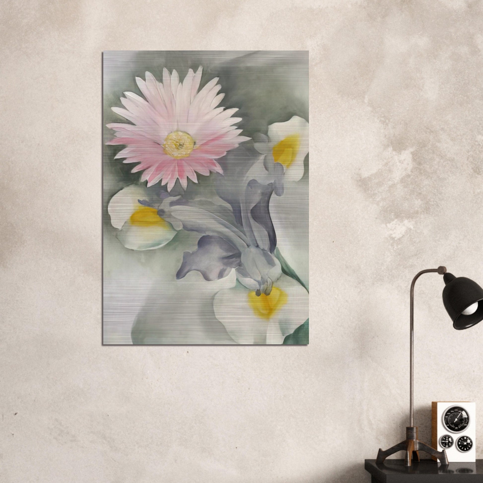 Pink Daisy with Iris - Georgia O'Keeffe Brushed Aluminum Print - 70x100 cm / 28x40 inches | Georgia O'Keeffe Aluminum Print | Georgia O'Keeffe Prints