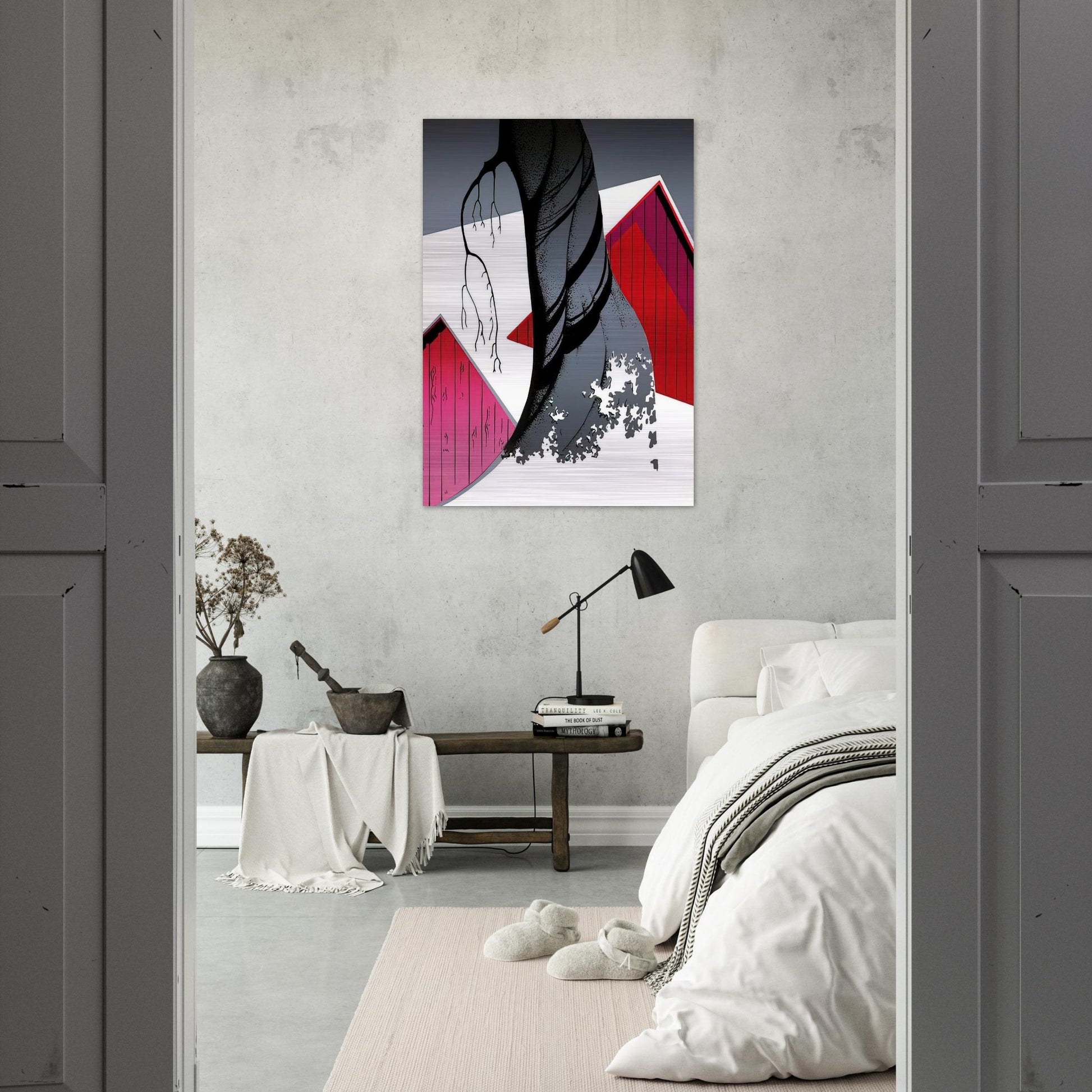 Red Barn and Grey Sky - Eyvind Earle Brushed Aluminum Print - 70x100 cm / 28x40 inches | Eyvind Earle Aluminum Print | Eyvind Earle Prints