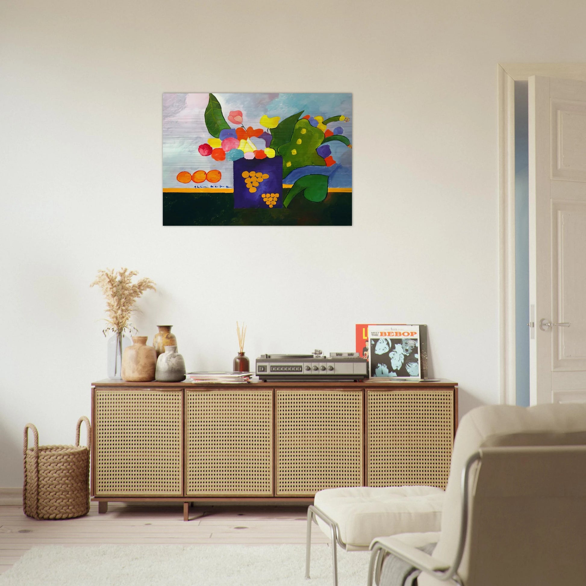 Vase With Flowers and Fruit - 2001 - Aldemir Martins Brushed Aluminum Print - 70x100 cm / 28x40 inches | Aldemir Martins Aluminum Print | Aldemir Martins Prints