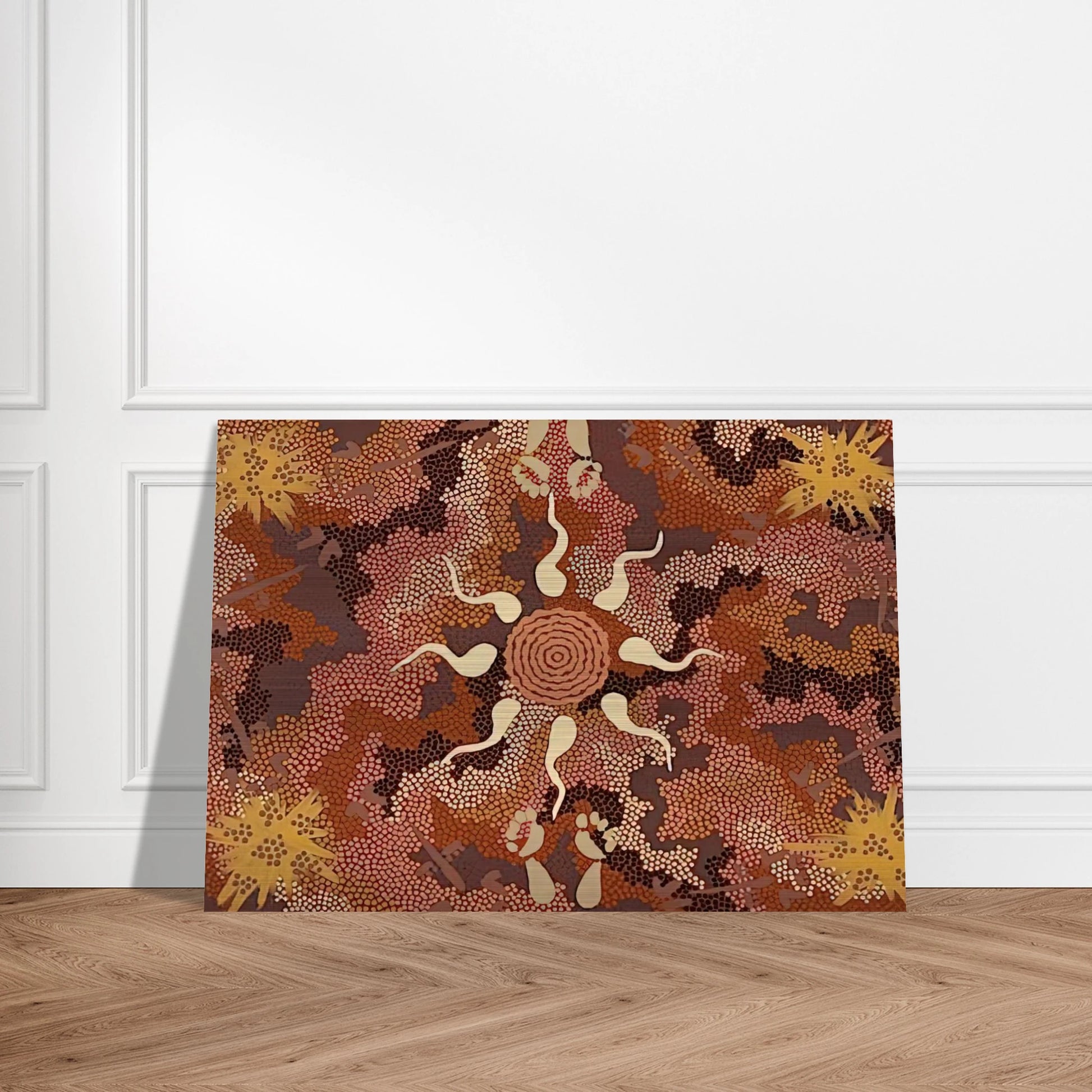 Bush Tucker and Kangaroo Dreaming at Mount Denison - 1993 - Clifford Possum Tjapaltjarri Brushed Aluminum Print - 70x100 cm / 28x40 inches | Clifford Possum Tjapaltjarri Aluminum Print | Clifford Possum Tjapaltjarri Prints