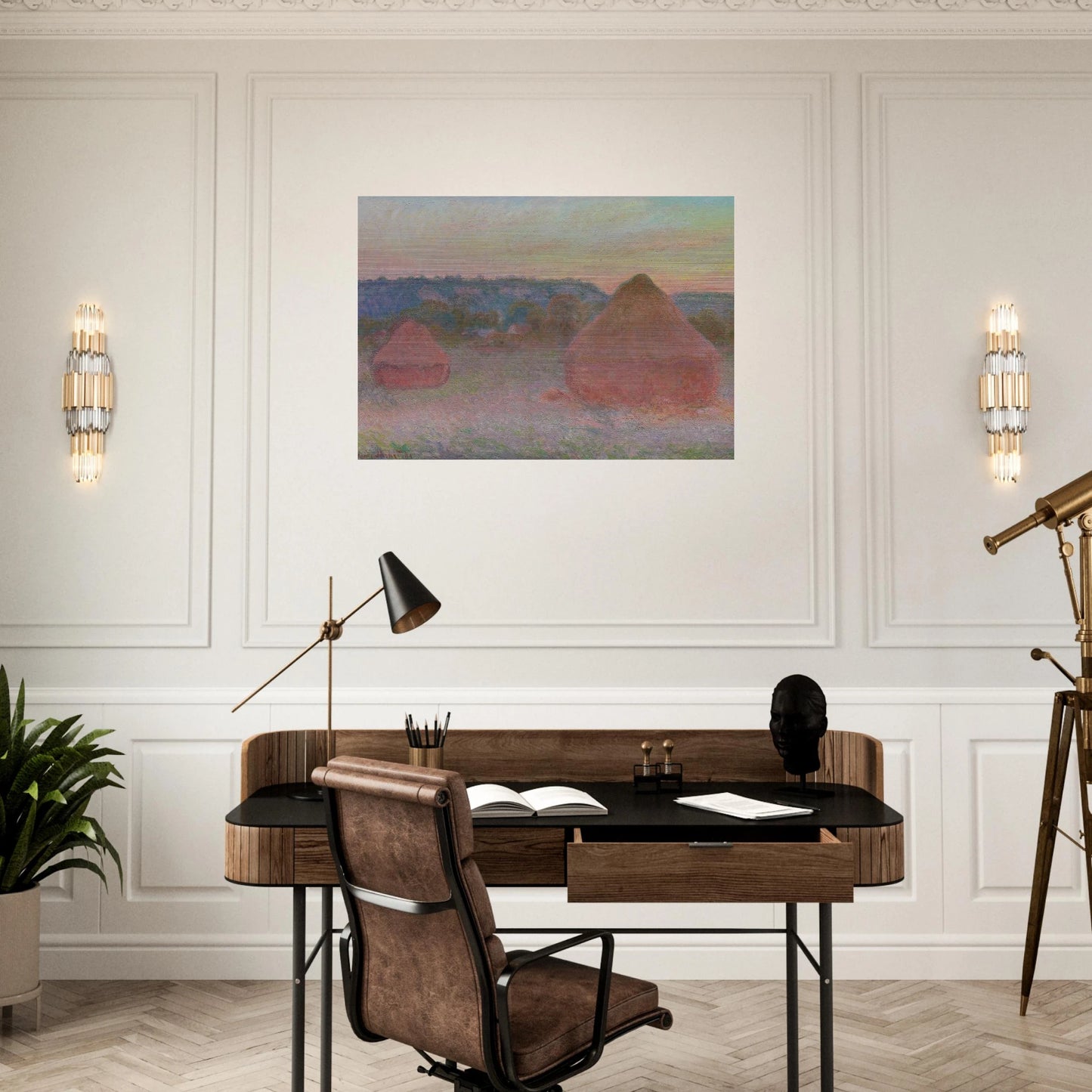 Stacks of Wheat End of Day, Autumn - claude monet Brushed Aluminum Print - 70x100 cm / 28x40 inches | claude monet Aluminum Print | claude monet Prints