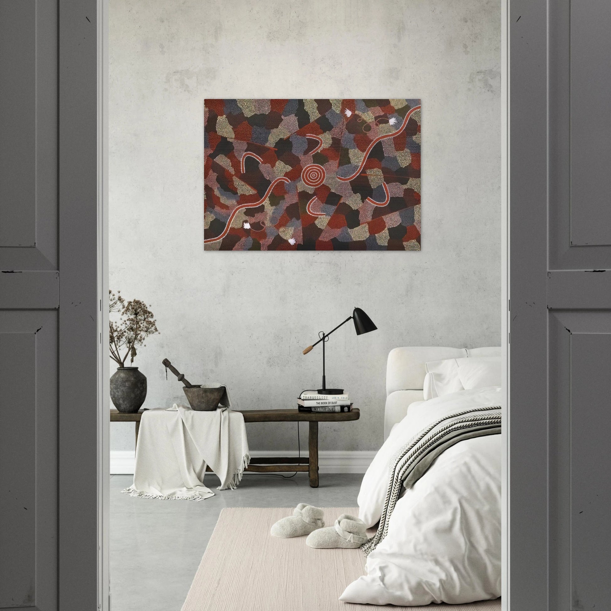 Family Dreaming - Native Art - Clifford Possum Tjapaltjarri Brushed Aluminum Print - 70x100 cm / 28x40 inches | Clifford Possum Tjapaltjarri Aluminum Print | Clifford Possum Tjapaltjarri Prints