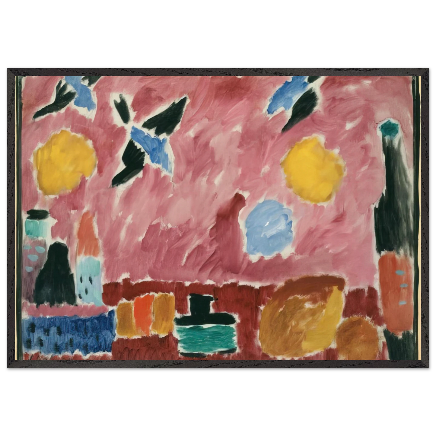 STILL LIFE WITH BOTTLE BREAD AND RED WALLPAPER WITH SWALLOWS 1915 - Alexej von Jawlensky 70x100 cm / 28x40 inches Framed Art Print – Black Wooden Frame