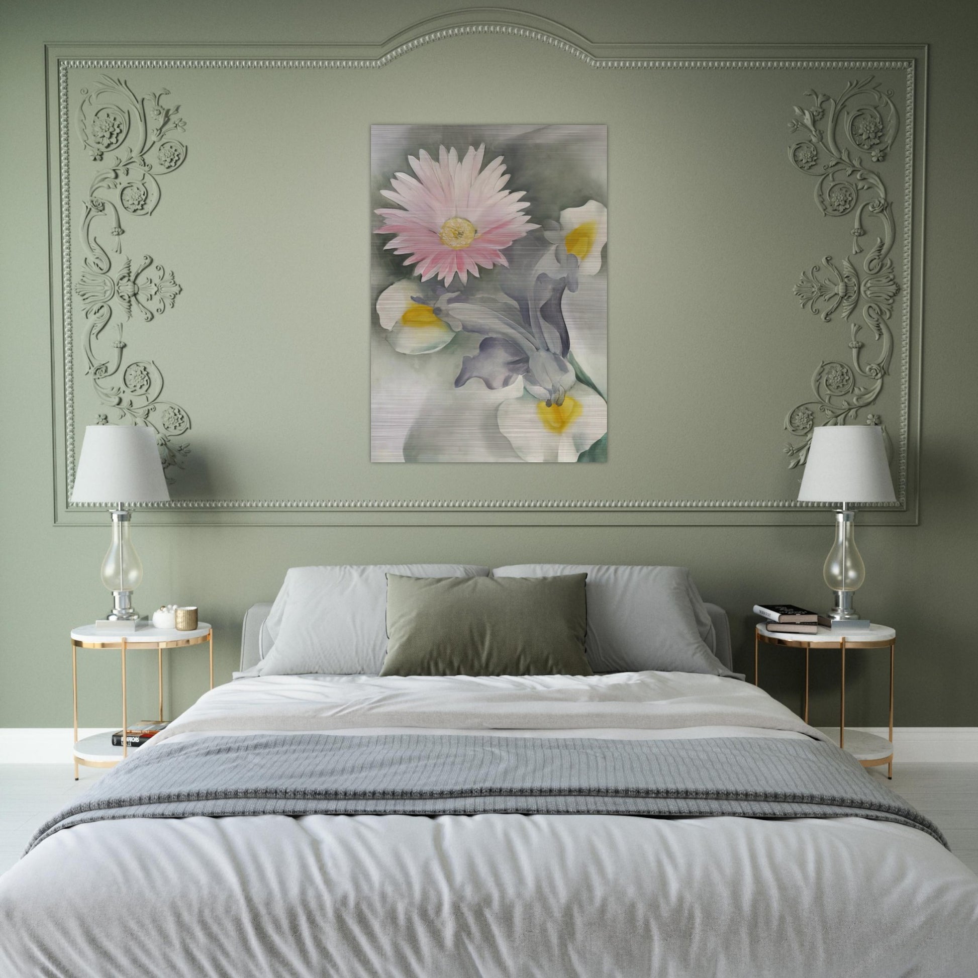 Pink Daisy with Iris - Georgia O'Keeffe Brushed Aluminum Print - 70x100 cm / 28x40 inches | Georgia O'Keeffe Aluminum Print | Georgia O'Keeffe Prints