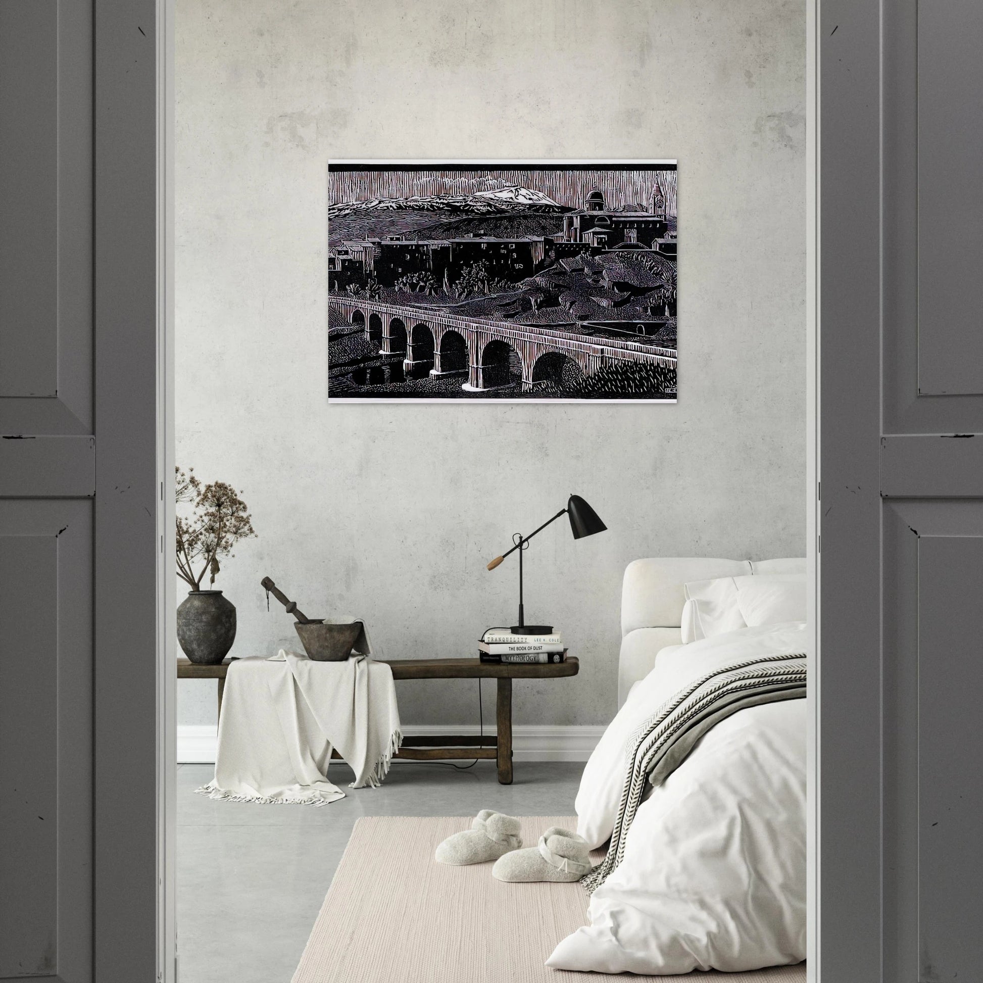 RANDAZZO AND MOUNT ETNA SICILY JANUARY 1933 1933 - MC Escher Brushed Aluminum Print - 70x100 cm / 28x40 inches | MC Escher Aluminum Print | MC Escher Prints | Maurits Cornelis Escher Prints