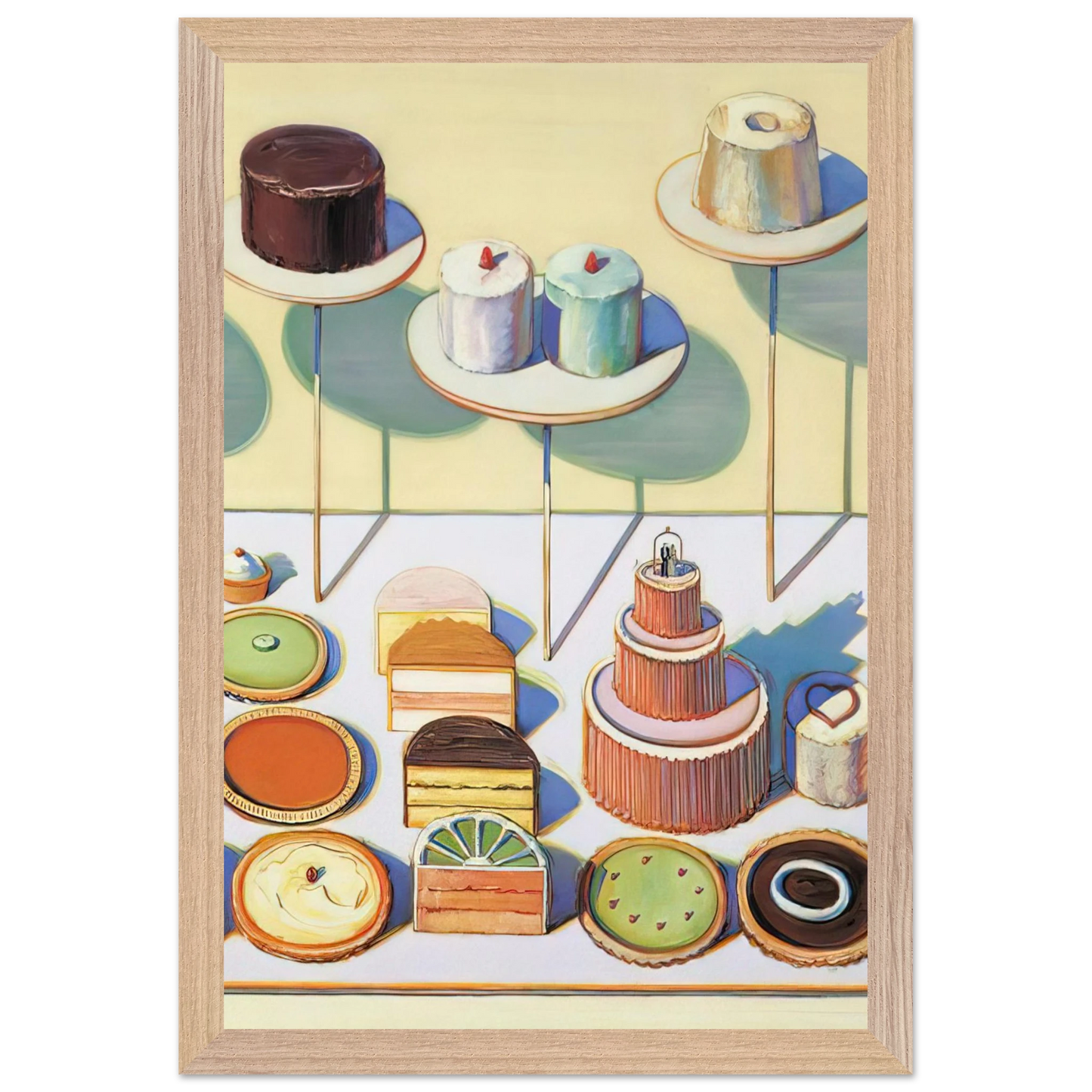 Wayne Thiebaud - Cakes and Pies - 1995 Wall Art - 60x80 cm / 24x32 inches - Premium Wooden Framed Poster With Fine Art Paper-canvas - Black frame