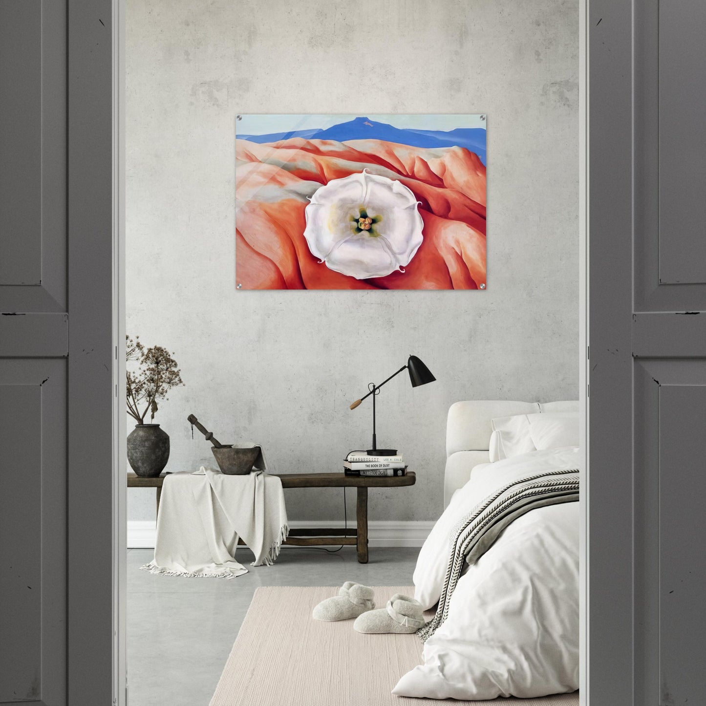 Red hills and white flower II - Georgia O'Keeffe Acrylic Print - 70x100 cm / 28x40″ inches | Georgia O'Keeffe Wall Art | Georgia O'Keeffe Prints