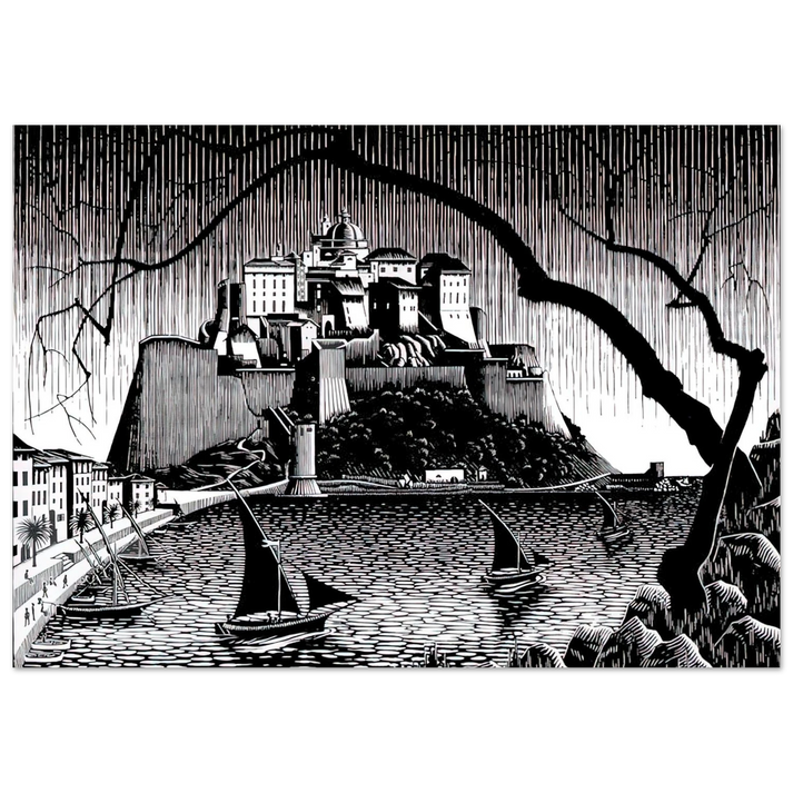 MC Escher - CITADEL OF CALVI CORSICA Wall Art - 21x29.7 cm / 8x12" - Premium Wooden Framed Poster With Fine Art Paper - Wood frame