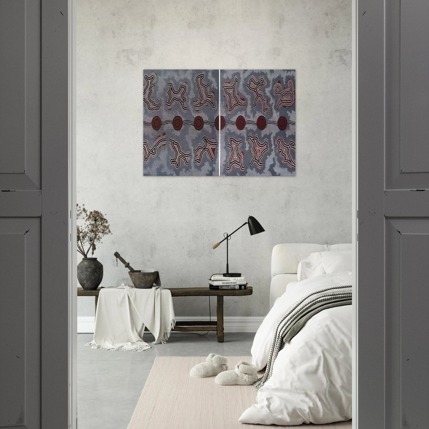 Narripi Dreaming Diptych - 1990 - Clifford Possum Tjapaltjarri Brushed Aluminum Print - 70x100 cm / 28x40 inches | Clifford Possum Tjapaltjarri Aluminum Print | Clifford Possum Tjapaltjarri Prints