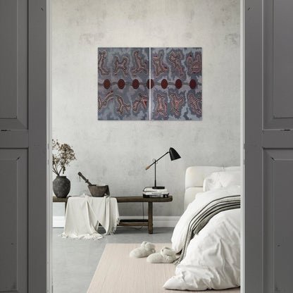 Narripi Dreaming Diptych - 1990 - Clifford Possum Tjapaltjarri Brushed Aluminum Print - 70x100 cm / 28x40 inches | Clifford Possum Tjapaltjarri Aluminum Print | Clifford Possum Tjapaltjarri Prints