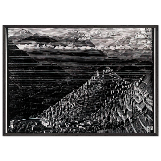 MORANO CALABRIA - MC Escher 70x100 cm / 28x40 inches Framed Art Print – Black Wooden Frame | Maurits Cornelis Escher Prints