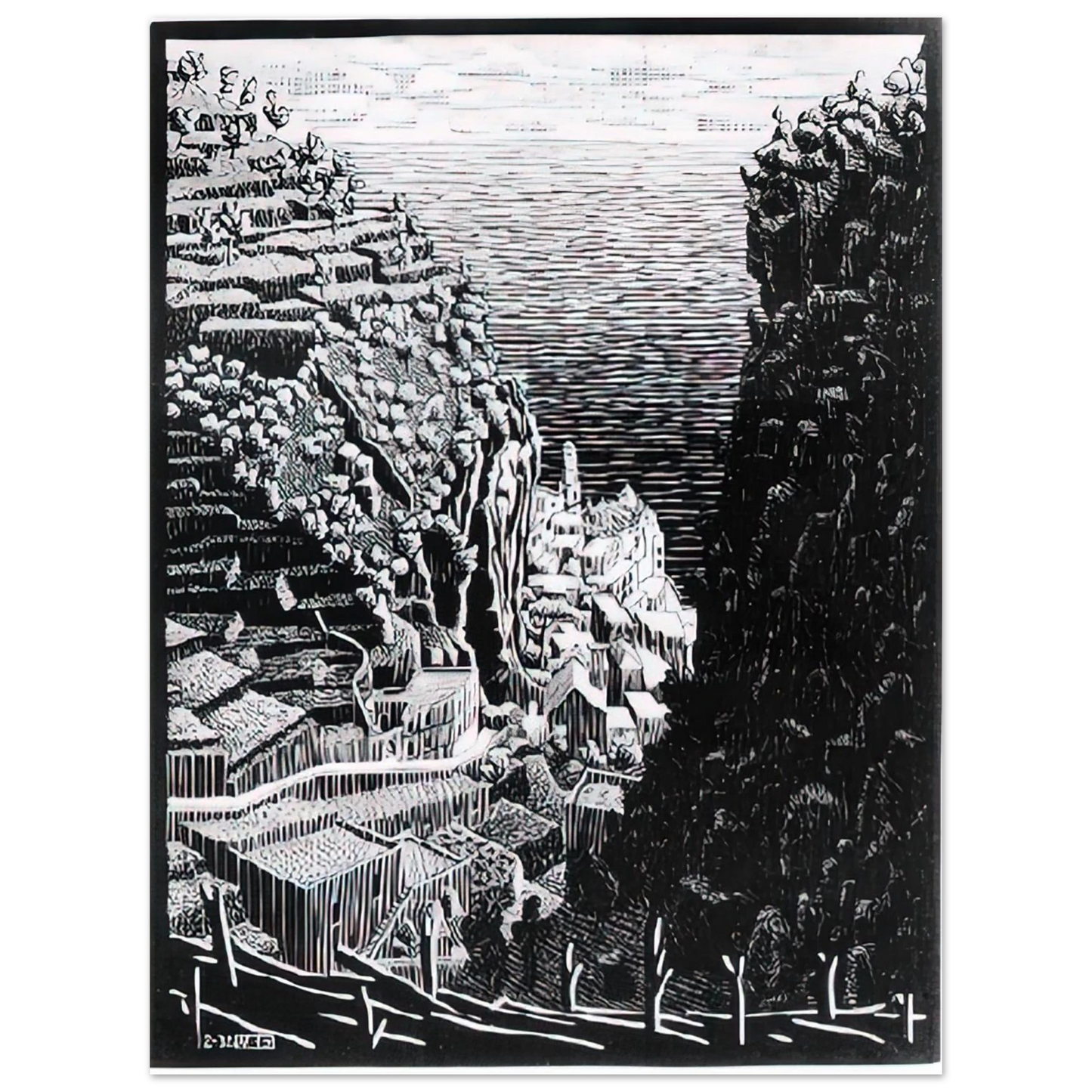 MC Escher - ATRANI COAST OF AMALFI 1 Wall Art - 21x29.7 cm / 8x12" - Premium Wooden Framed Poster With Fine Art Paper-canvas - Wood frame
