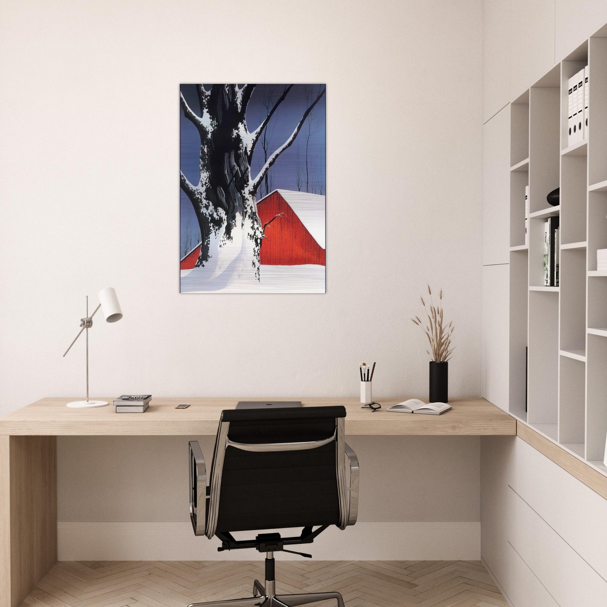 Red Barn and Tree Snow - Eyvind Earle Brushed Aluminum Print - 70x100 cm / 28x40 inches | Eyvind Earle Aluminum Print | Eyvind Earle Prints