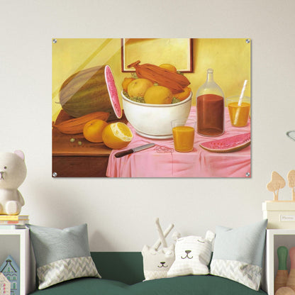 STILL LIFE WITH ORANGEADE - Fernando Botero Acrylic Print - 70x100 cm / 28x40″ inches