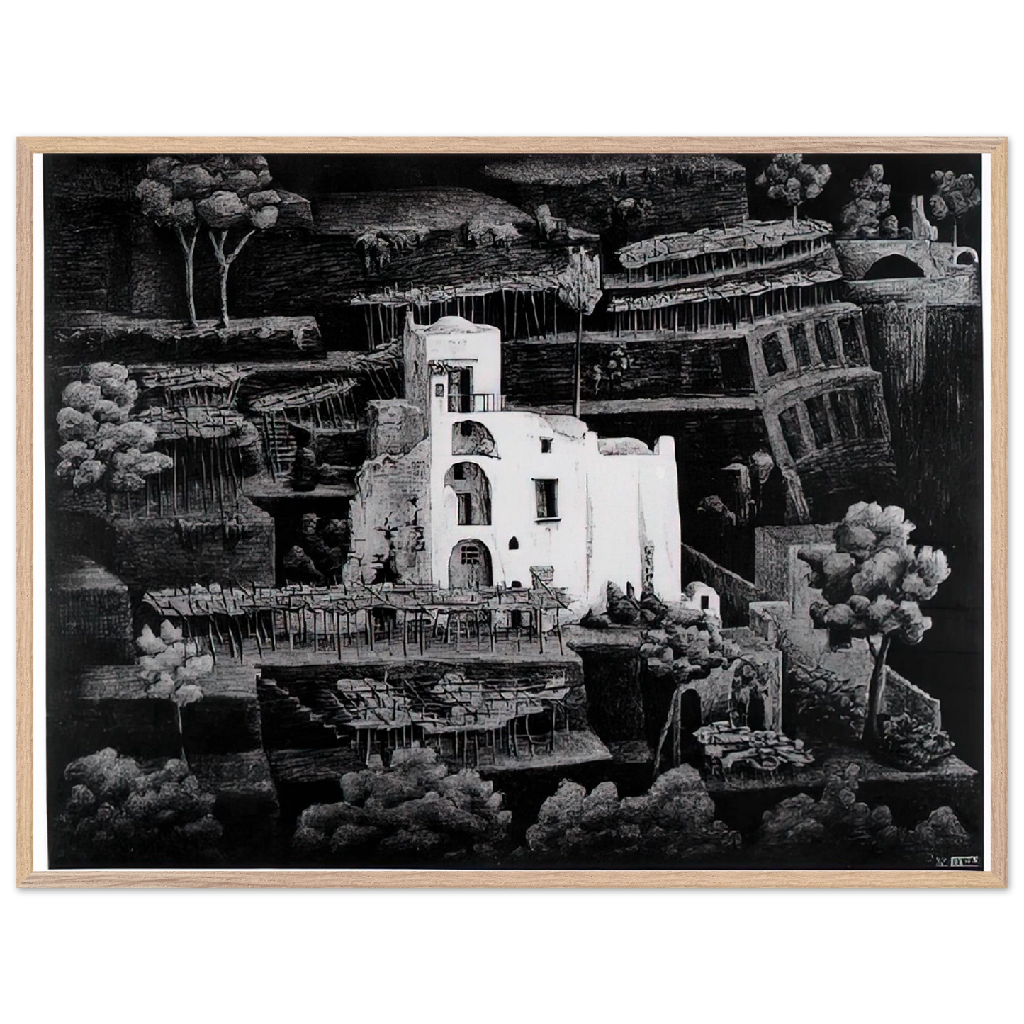 MC Escher - FARMHOUSE RAVELLO Wall Art - 30x40 cm / 12x16 inches - Premium Wooden Framed Poster With Fine Art Paper - Wood frame