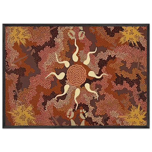 Bush Tucker and Kangaroo Dreaming at Mount Denison - 1993 - Clifford Possum Tjapaltjarri 70x100 cm / 28x40 inches Framed Art Print – Black Wooden Frame