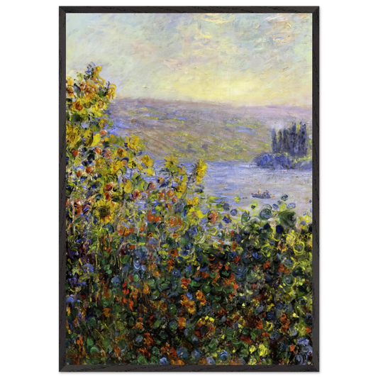 Flowers Beds at Vetheuil - claude monet 70x100 cm / 28x40 inches Framed Art Print – Black Wooden Frame