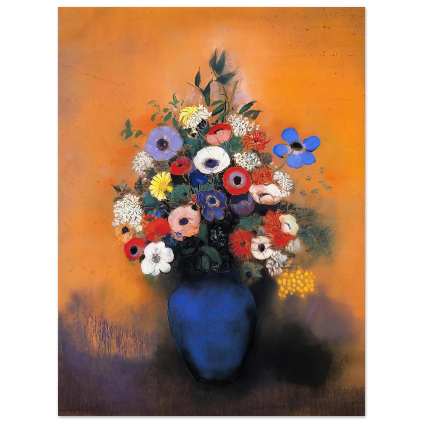 Odilon Redon - MINOSAS ANEMONIES AND LEAVES IN A BLUE VASE  75x100 cm / 30x40inches Fine Art Poster