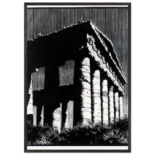TEMPLE OF SEGESTE SICILY - MC Escher 70x100 cm / 28x40 inches Framed Art Print – Black Wooden Frame | Maurits Cornelis Escher Prints
