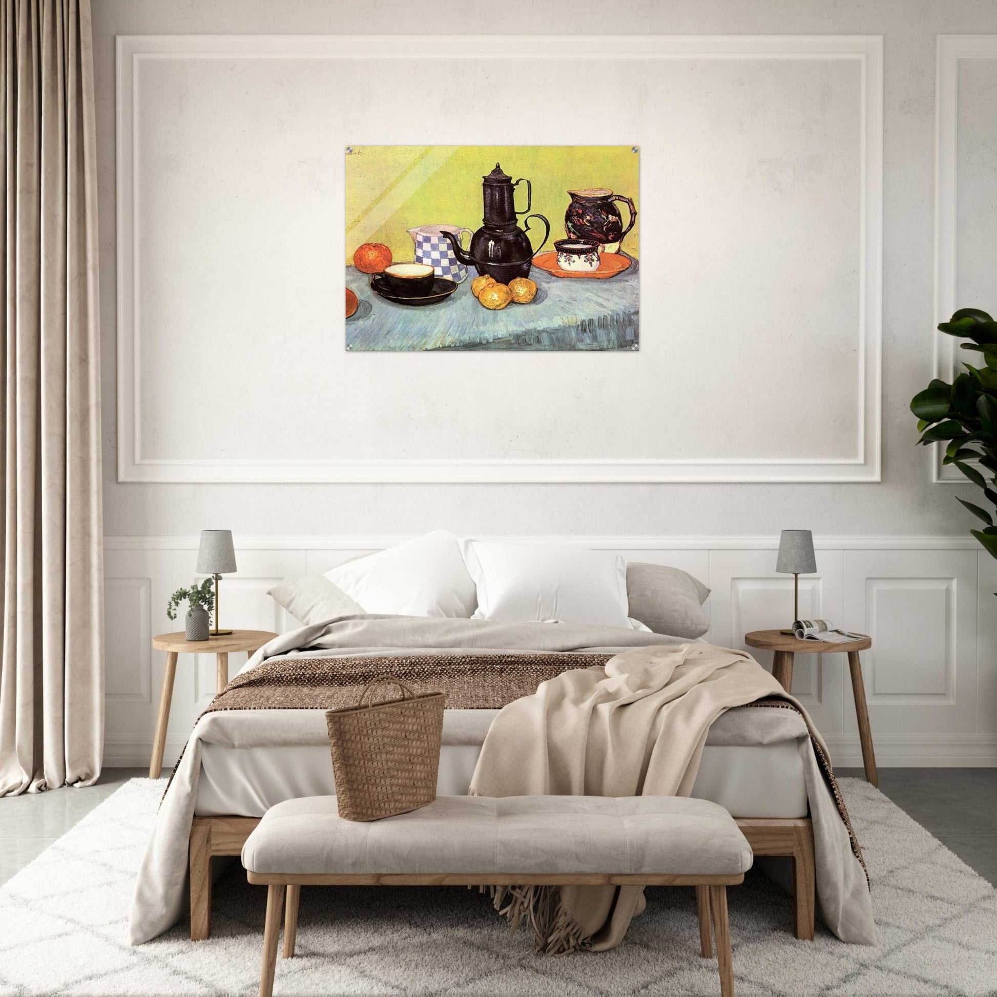 Still Life with Blue Enamel Coffeepot, Earthenware and Fruit - Vincent van Gogh Acrylic Print - 70x100 cm / 28x40″ inches | Vincent van Gogh Wall Art | Vincent van Gogh Prints