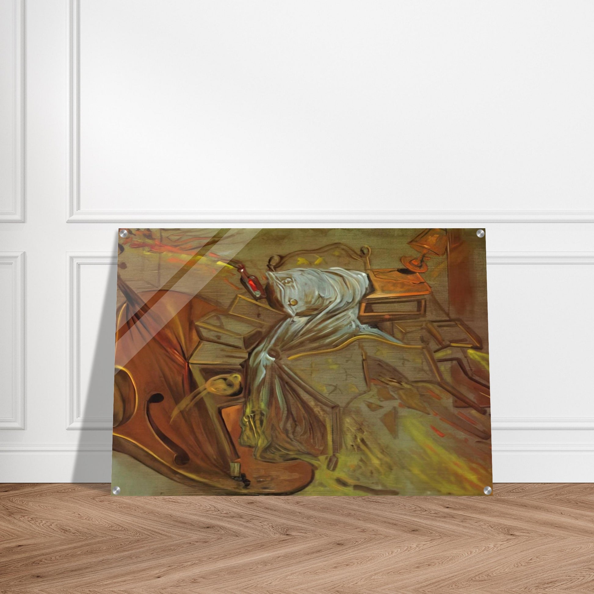 BED AND TWO BEDSIDE TABLES FEROCIOUSLY ATTACKING A CELLO - Salvador Dali Acrylic Print - 70x100 cm / 28x40″ inches