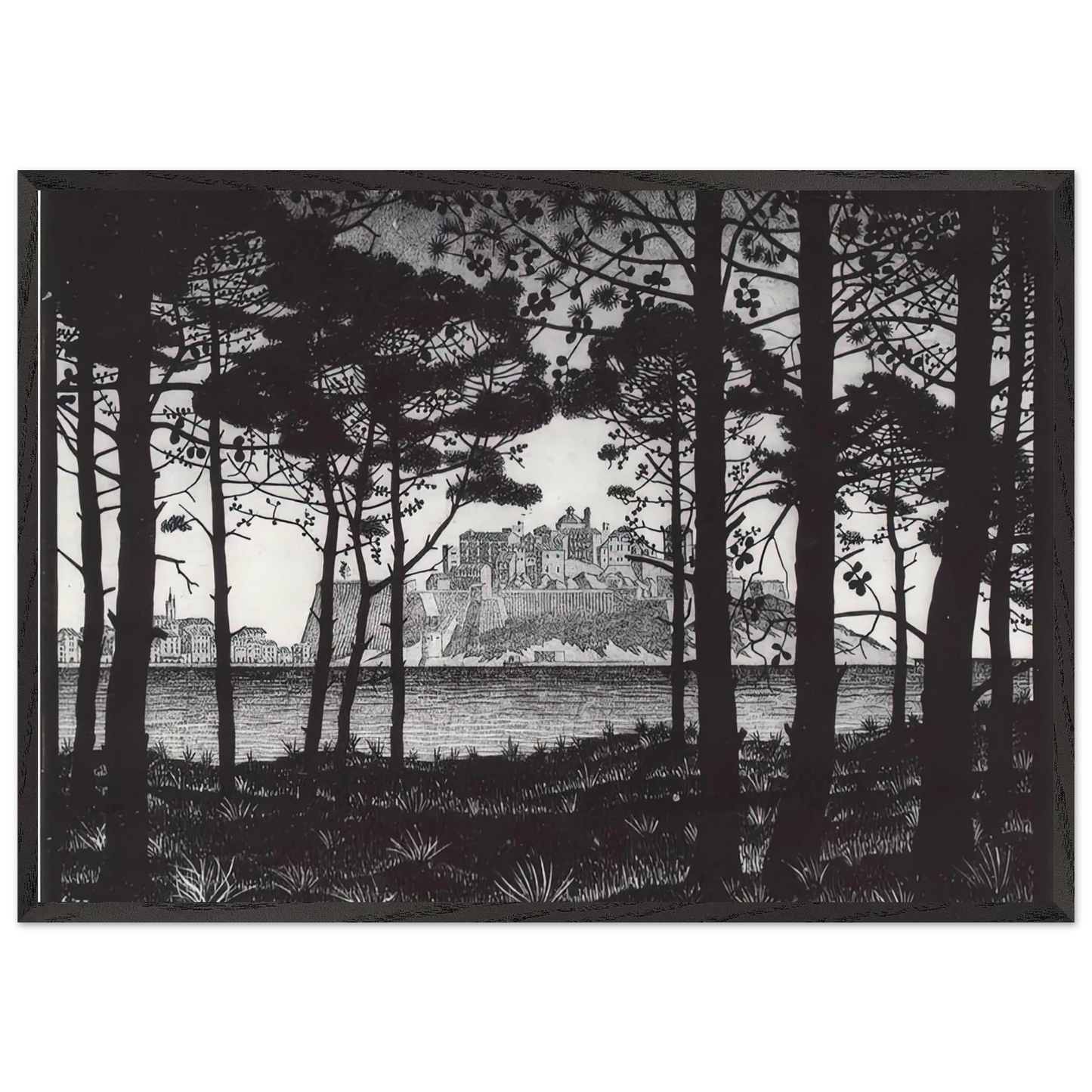 PINETA OF CALVI CORSICA - MC Escher 70x100 cm / 28x40 inches Framed Art Print – Black Wooden Frame | Maurits Cornelis Escher Prints