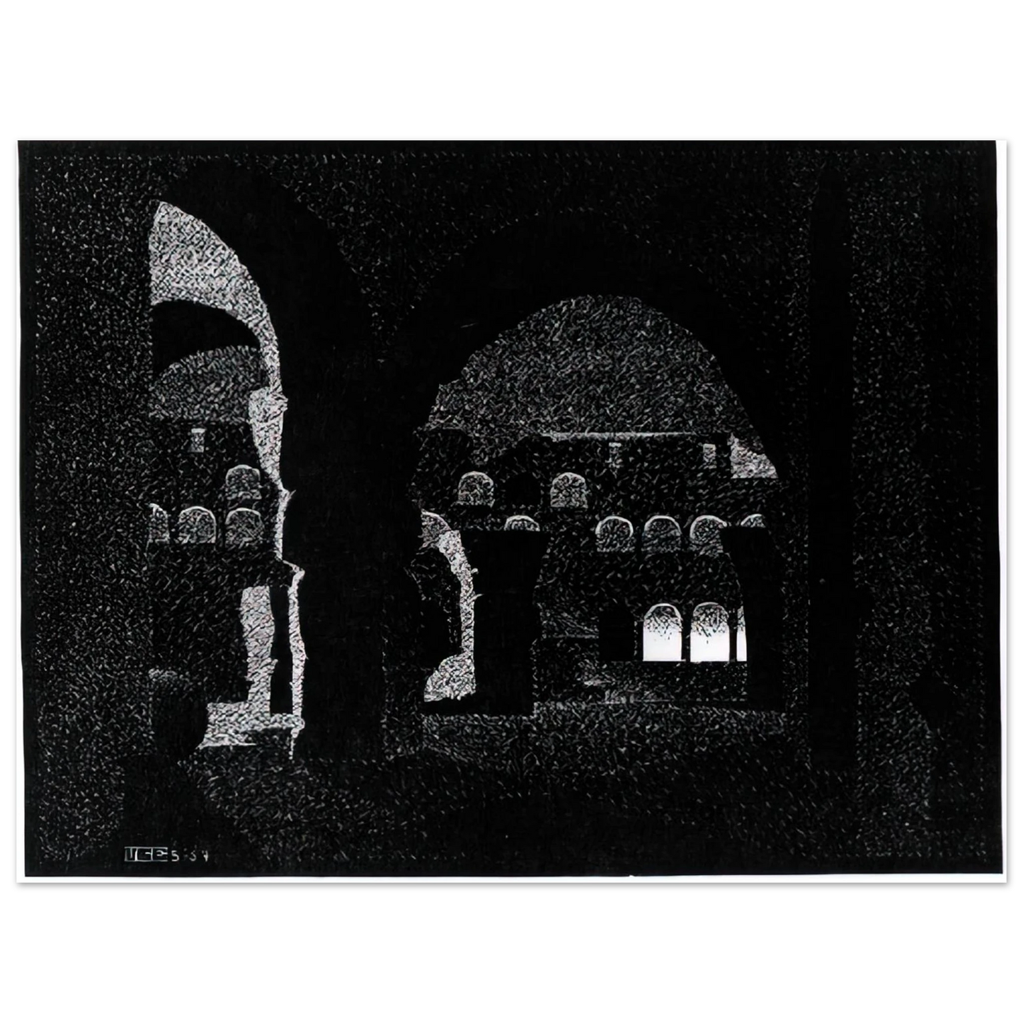 MC Escher - NOCTURNAL ROME COLOSSEUM Wall Art - 30x40 cm / 12x16 inches - Premium Wooden Framed Poster With Fine Art Paper - Black frame