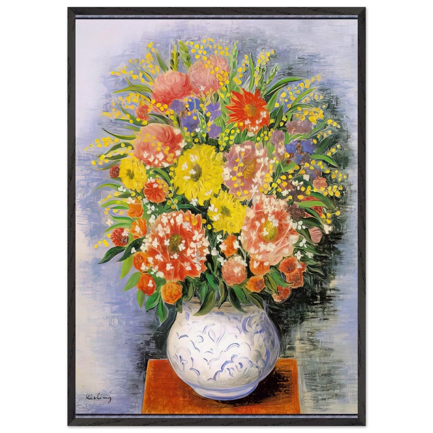 BOUQUET OF VARIOUS FLOWERS AND MIMOSA - Moise Kisling 70x100 cm / 28x40 inches Framed Art Print – Black Wooden Frame